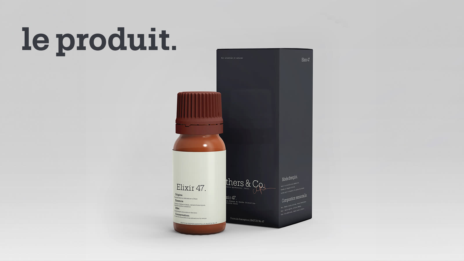 Flacon en verre ambré à bouchon brun et boîte noire Elixir 47, packaging du laboratoire apothicaire Ethers & Co.