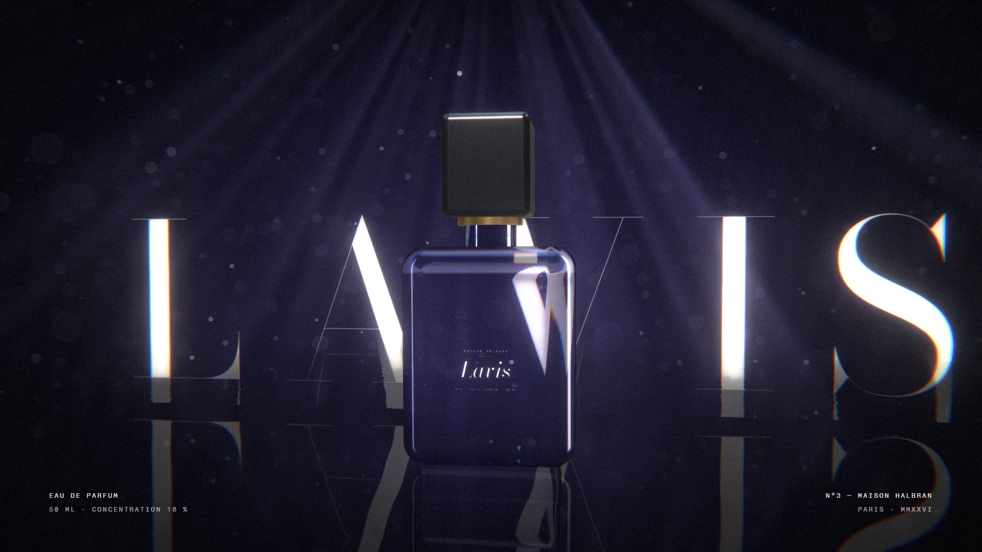 Flacon Lavis N°3 devant le nom LAVIS en lettres lumineuses, film parfum en motion design